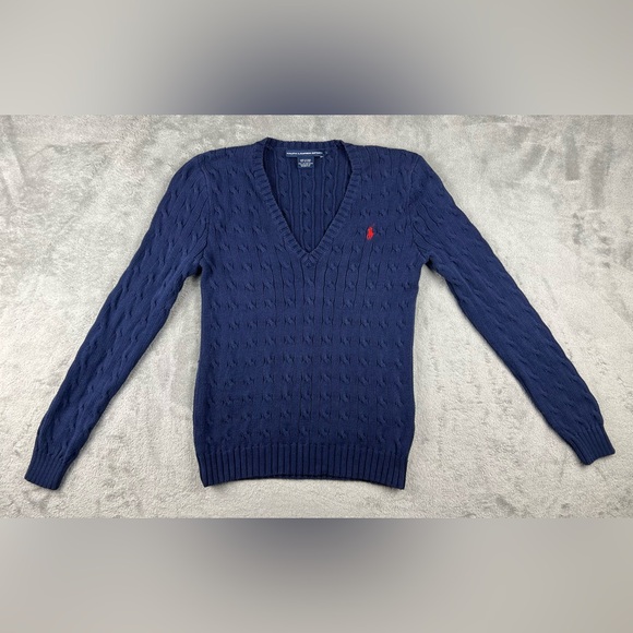 Ralph Lauren Cable Knit Sweater Womens Large Navy Blue Cotton V-Neck Pullover - Picture 1 of 12
